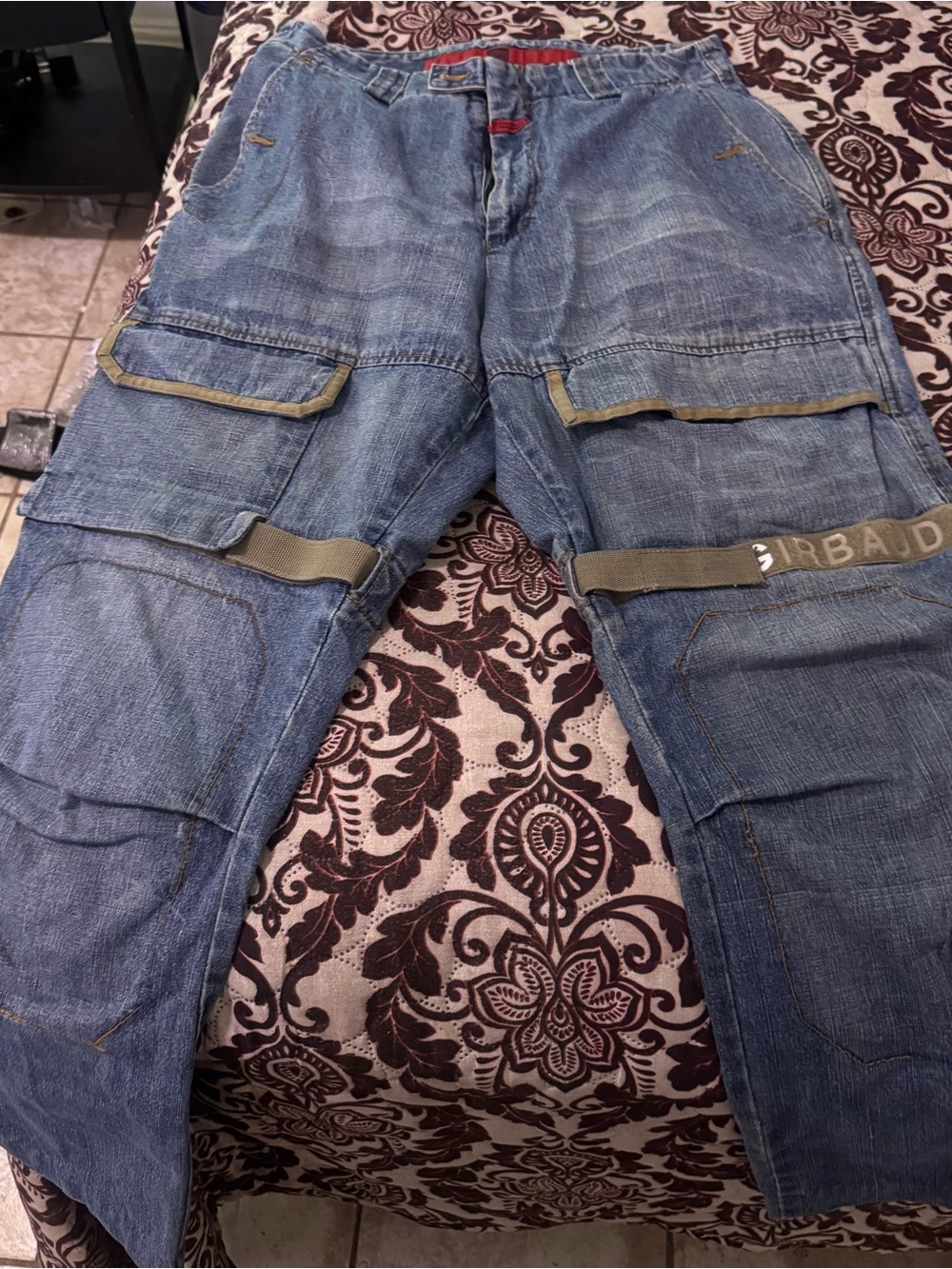 Marithe Francois Girbaud Men's Denim Cargo Pants in Blue with Tan Accents
